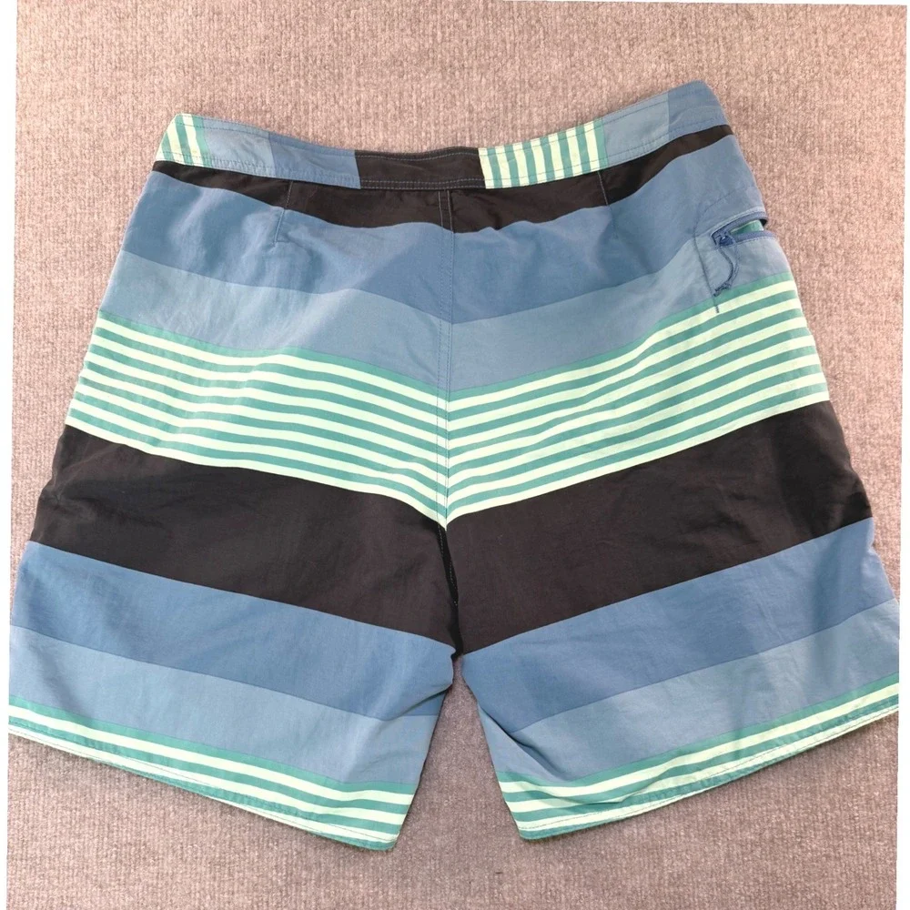 Patagonia Mens Board Shorts Size 35 Blue Green Stripe Recycled Nylon Swim Trunks